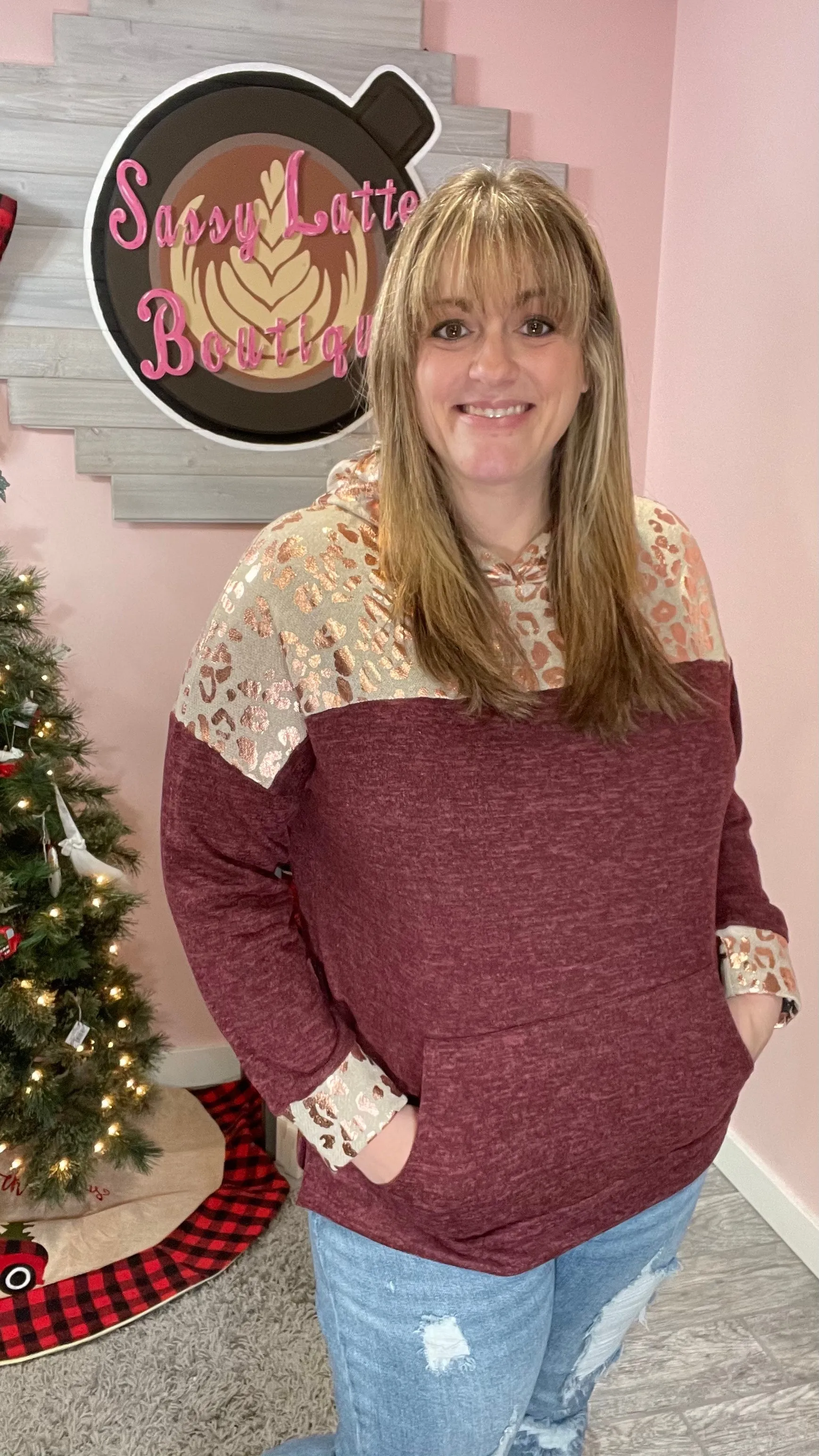 Burgundy and Rose Gold Animal Print Hoodie