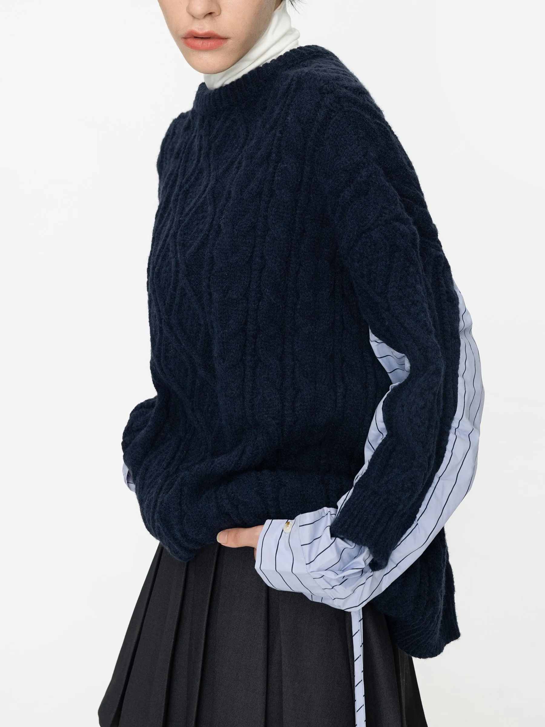 Cable Knit Jumper With Shirting Sleeves