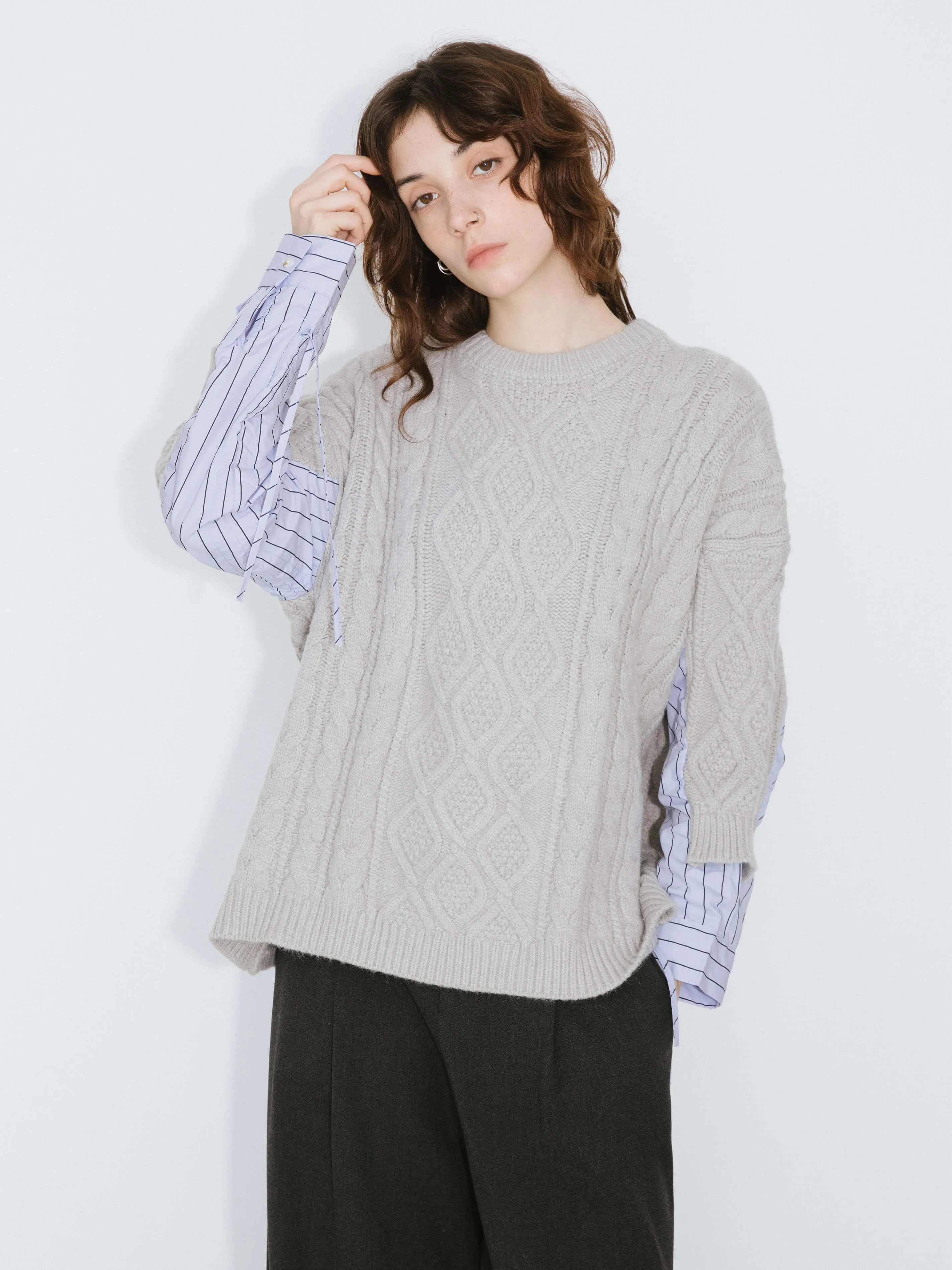 Cable Knit Jumper With Shirting Sleeves