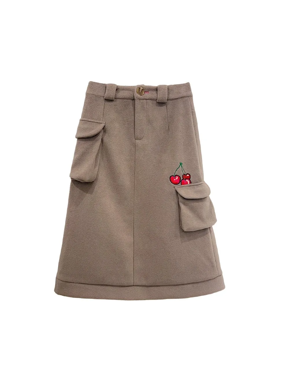 Cherry Embroidered Double Button Coat & Skirt