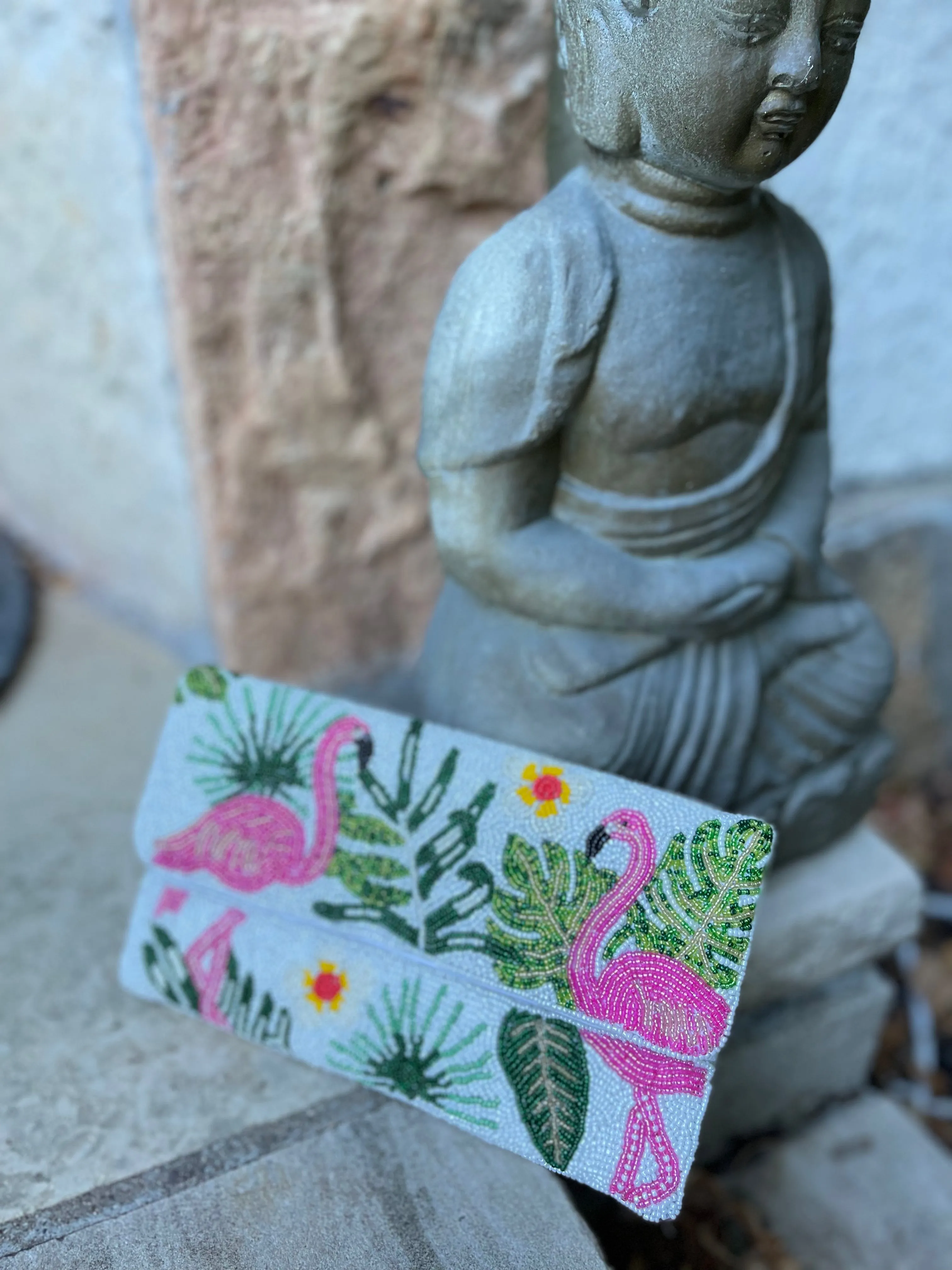 Flamingo Handmade Beaded Clutch Handbag