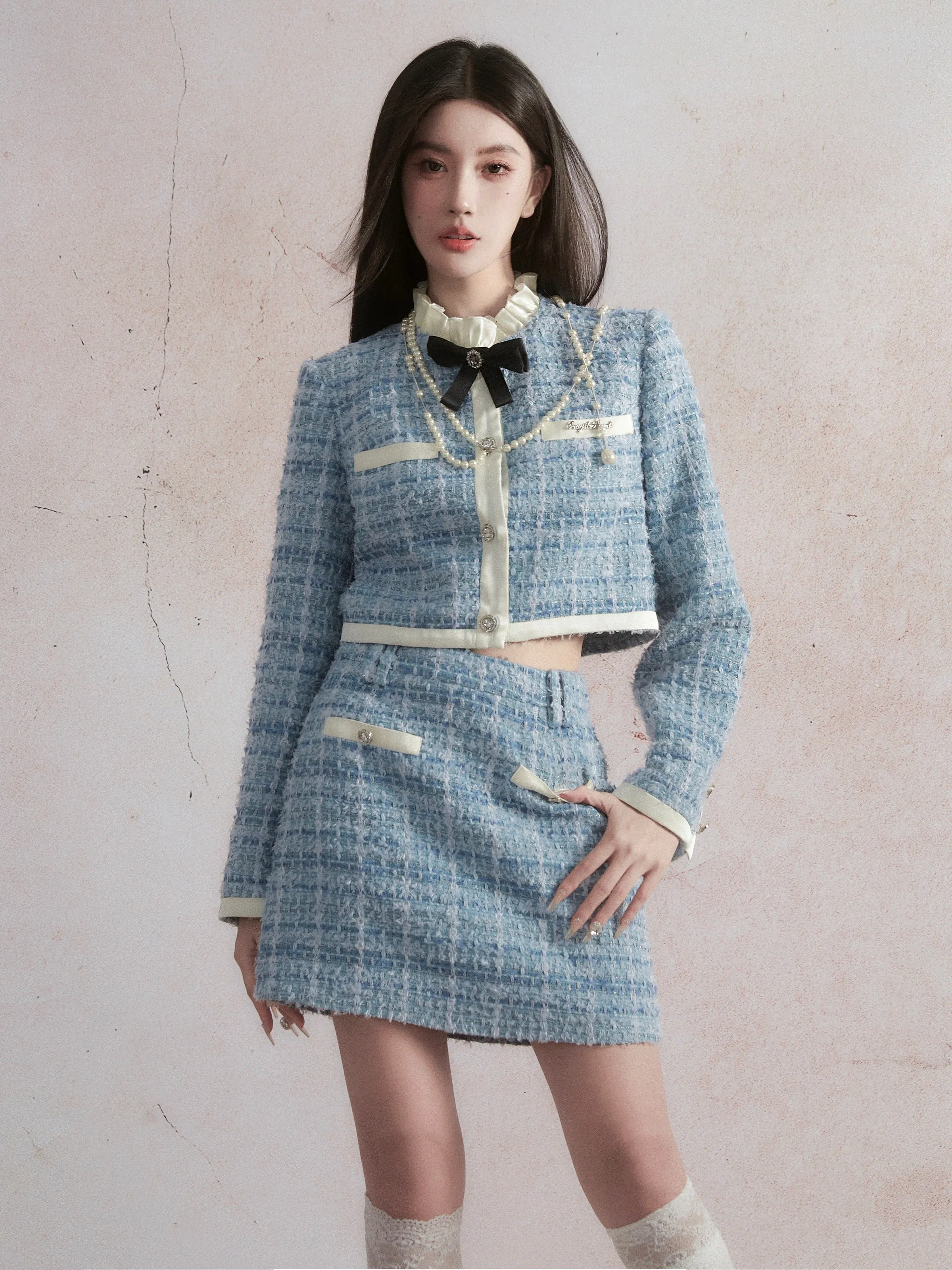 Frill Collar Tweed Jacket ＆ A-Line Mini Skirt