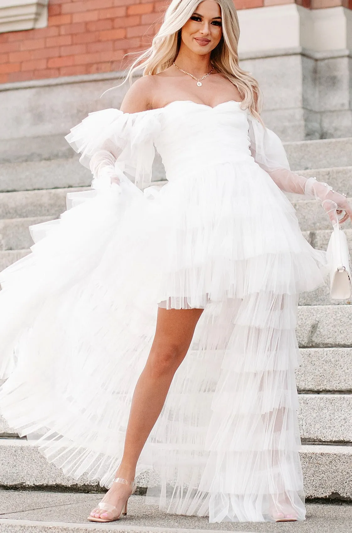 Maybe I'm Dreaming Tiered High Low Tulle Maxi Dress (White)