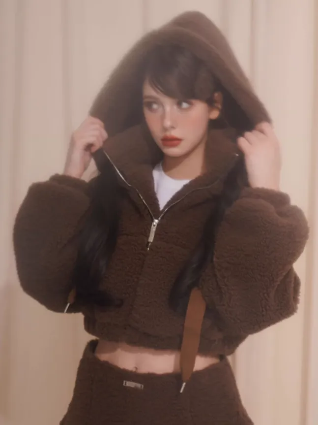 Plush Boa Loose Hooded Jacket ＆ Skirt