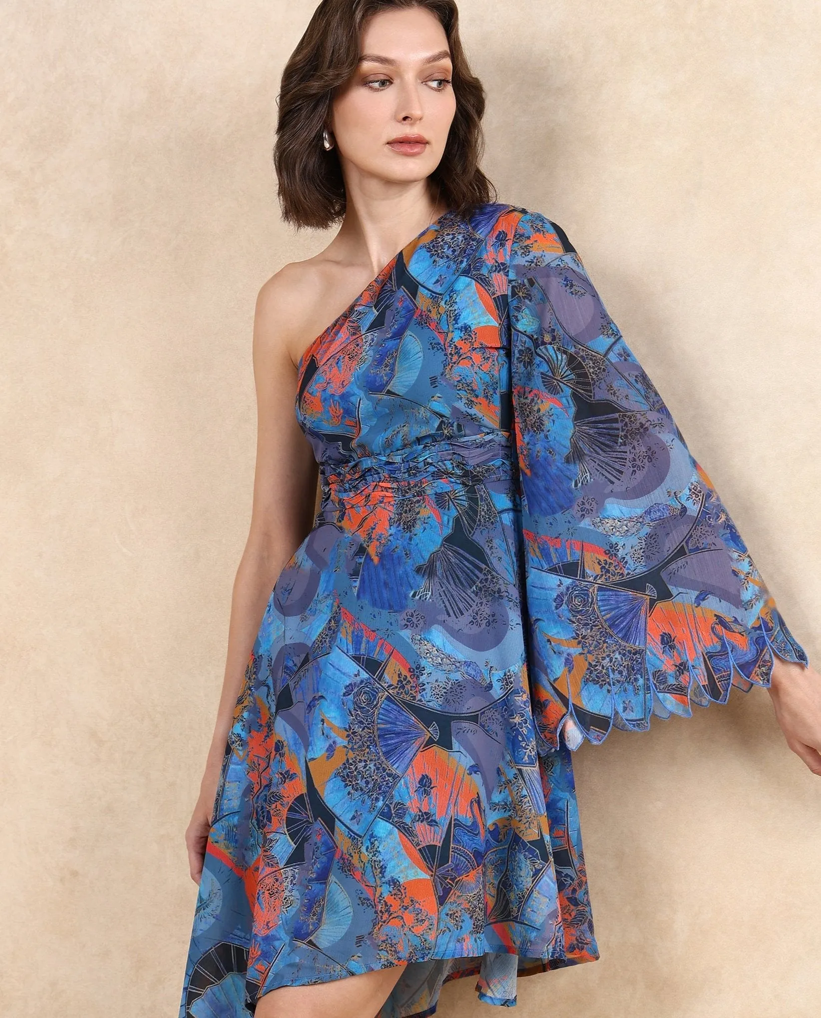 Rareism Women Ethiopi Blue Polyester Fabric Asymmetrical Sleeve One Shoulder Zipper Closure Asymmetric Fit Knee Length Abstract 