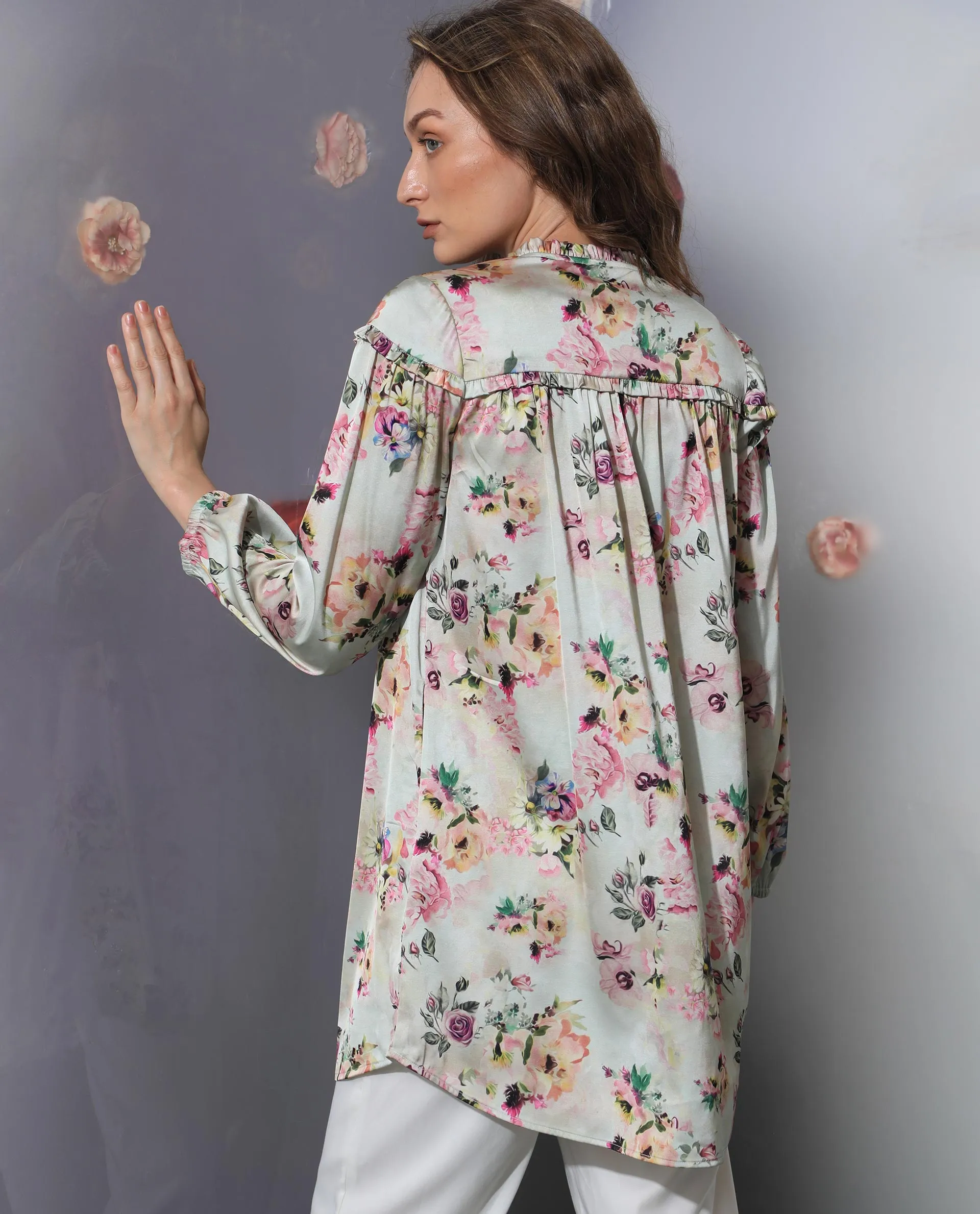 Rareism Women Penelope Beige Polyester Fabric Full Sleeves Button Closure Ruffled Neck Regular Fit Floral Print Maxi Boxy Dress