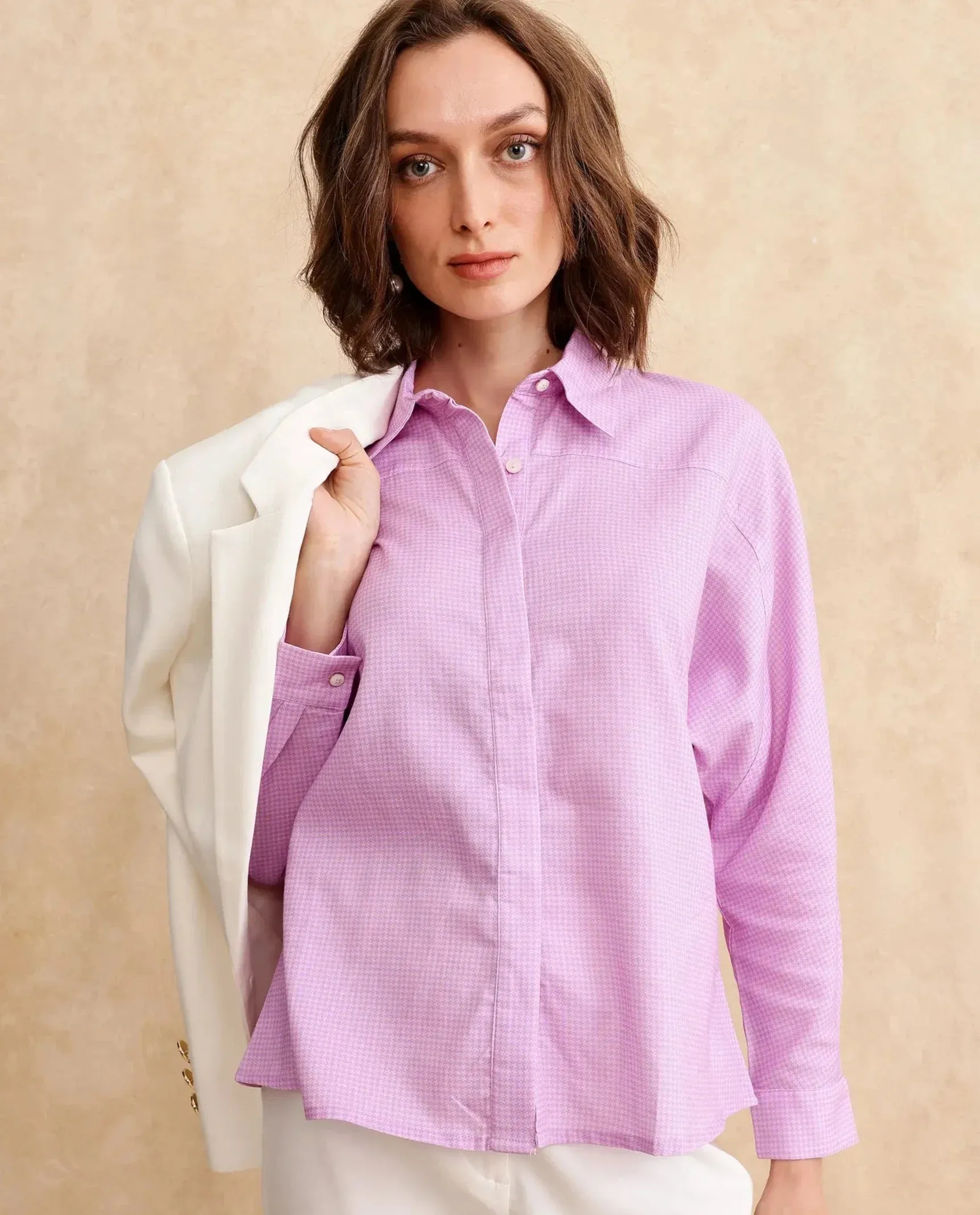 Rareism Women Repen Light Purple Cotton Fabric Full Sleeve Collared Neck Button Closure Boxy Fit Geometric Print Shirt