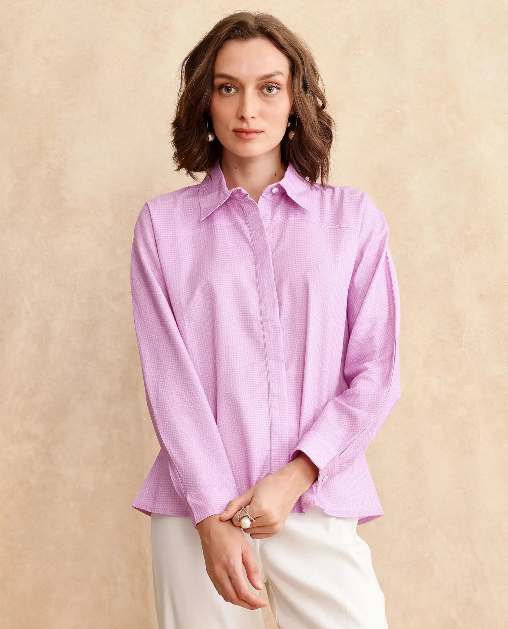 Rareism Women Repen Light Purple Cotton Fabric Full Sleeve Collared Neck Button Closure Boxy Fit Geometric Print Shirt