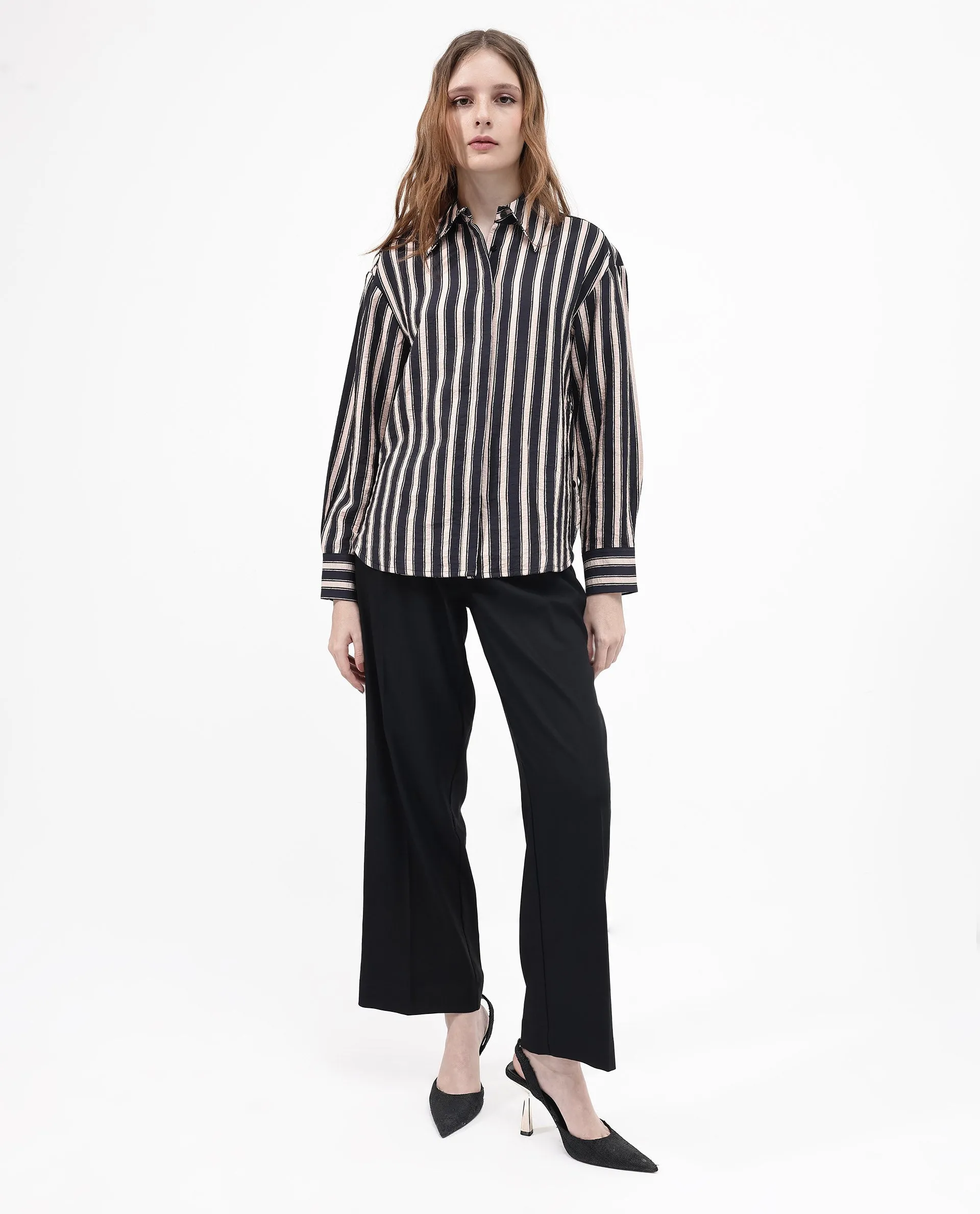 Rareism Women Sonora Black Cuffed Sleeve Collared Neck Broad Stripes Shirt