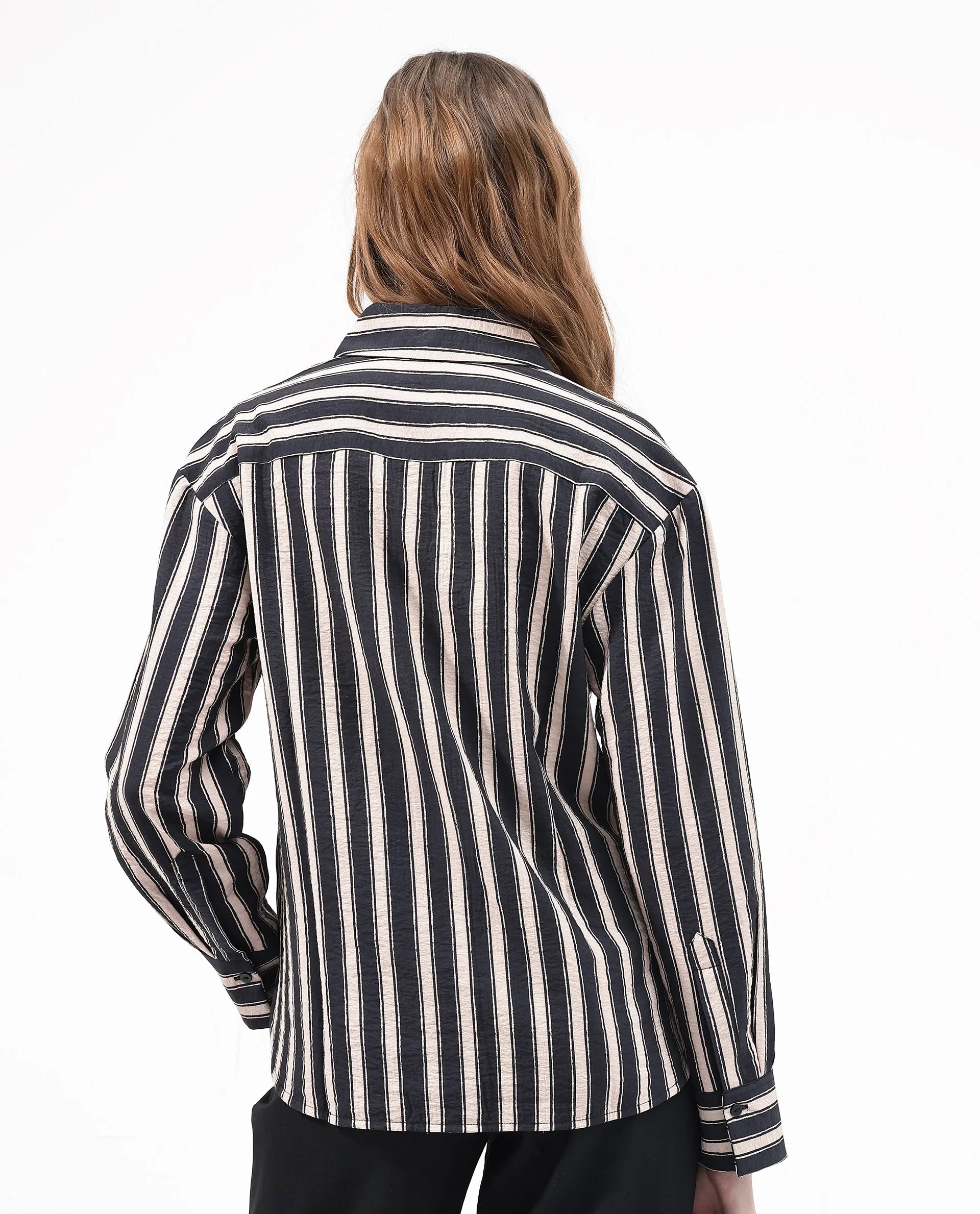 Rareism Women Sonora Black Cuffed Sleeve Collared Neck Broad Stripes Shirt