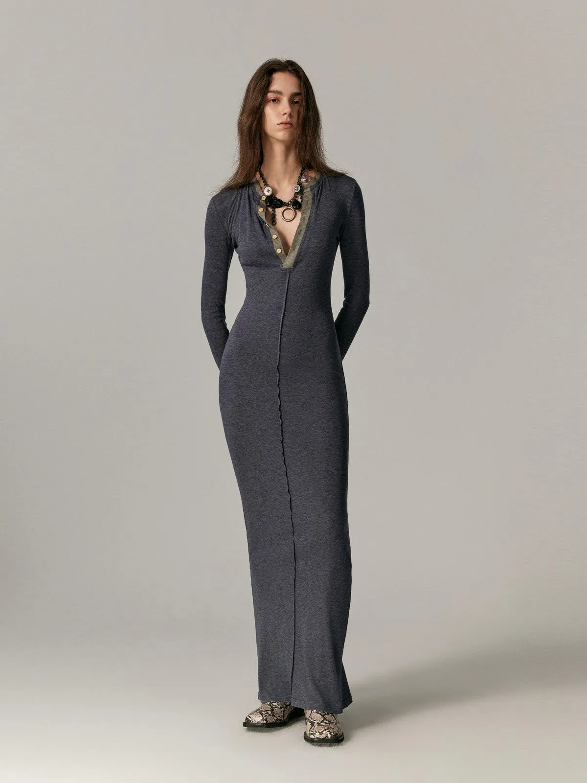 V-Neck Long Tight Body-Conscious One-Piece