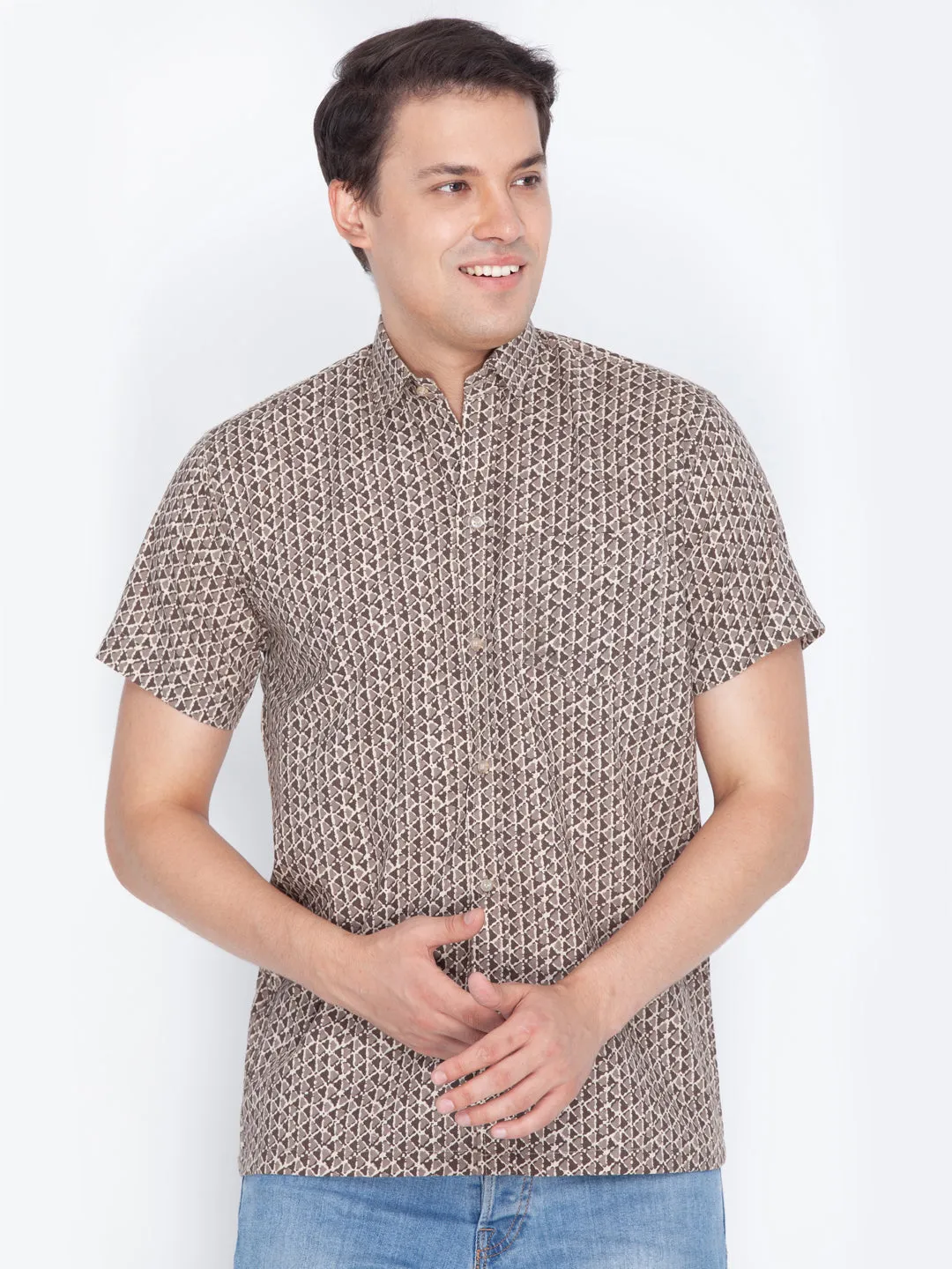 VASTRAMAY Men's Brown Cotton Ethnic Shirt