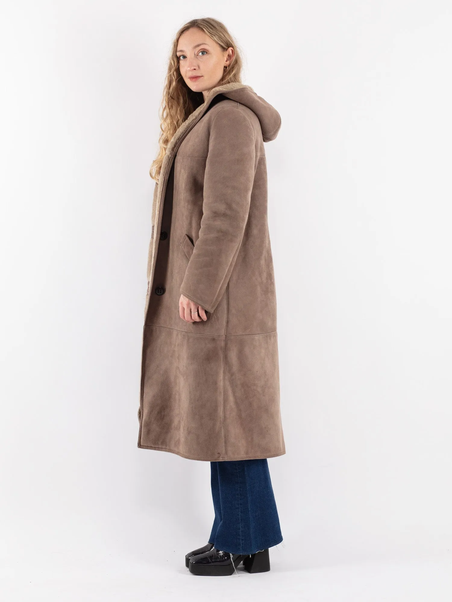 Vintage 70's Women Hooded Sheepskin Coat in Beige