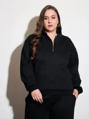 Women Black Fleece Half Zipper Sweatshirt